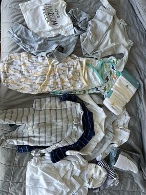 Neutral Baby Clothing Bundle with Gray, White, Navy & Green Accents
